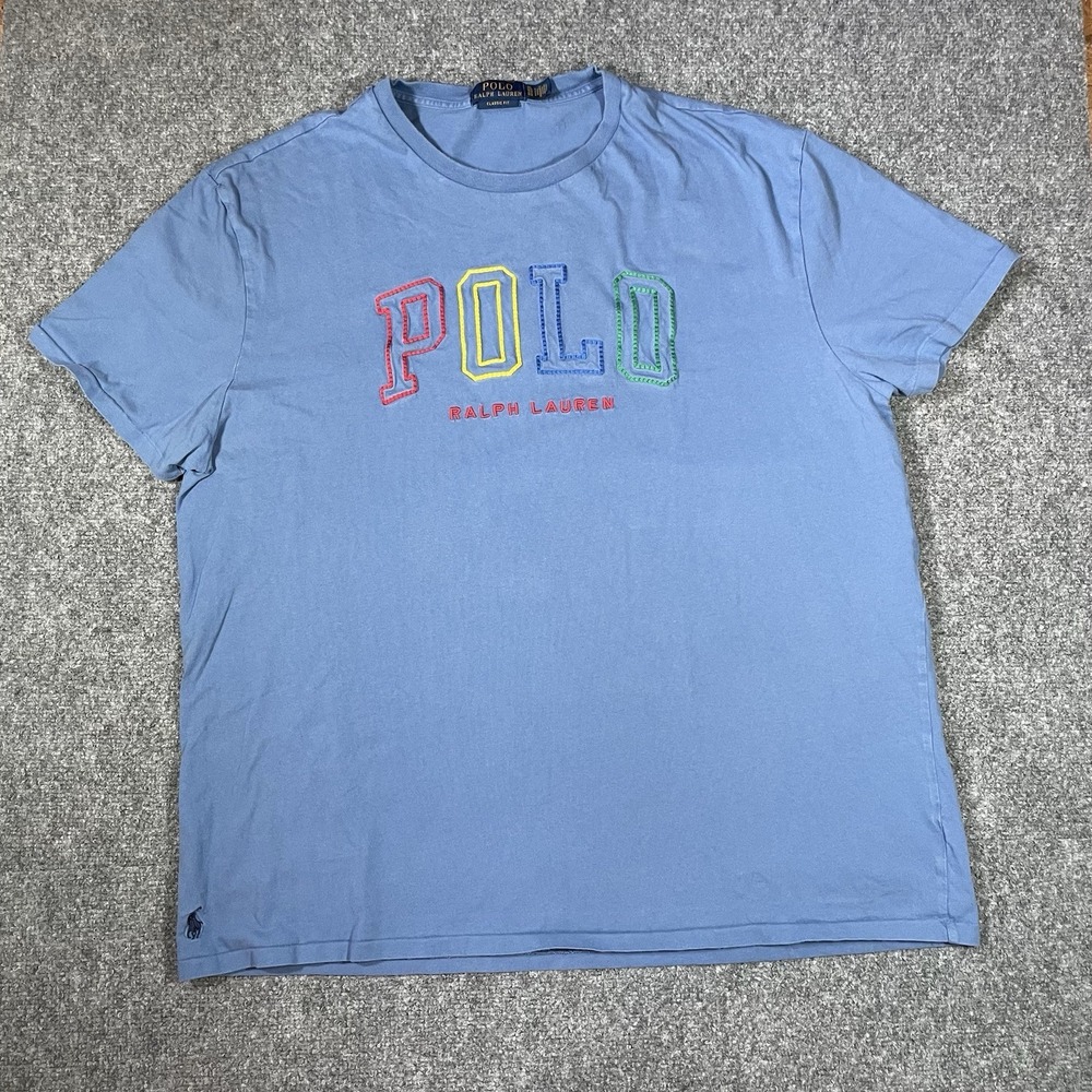 Polo Ralph Lauren Spellout Big Logo T-Shirt Men's Size XL Blue Embroidered Prepp
